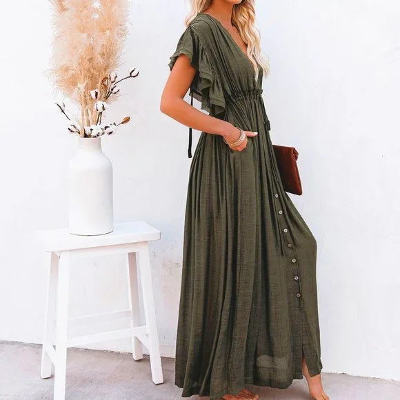 New Bohemian Long Olive Gauze Maxi Summer Dress - Picture 2 of 11